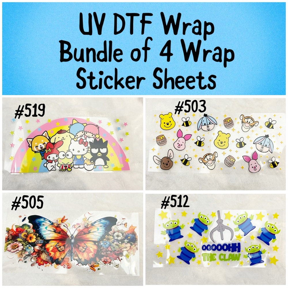 UV DTF Wrap Sticker Bundle of 4 Sheets Winnie the Pooh Toy Story Hello Kitty